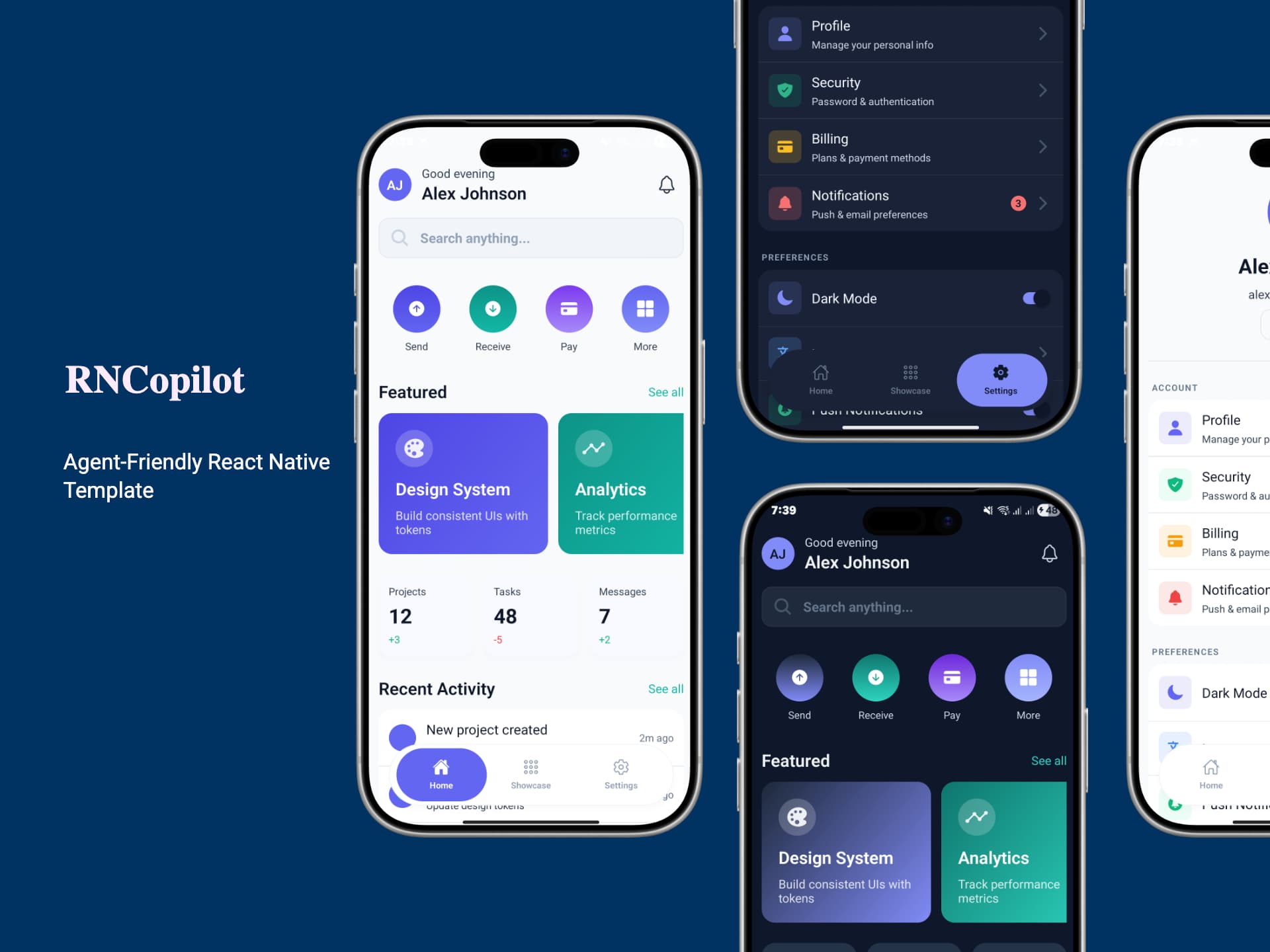 RNCopilot showcasing iOS and Android apps in light and dark modes
